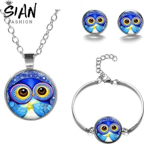 SIAN Super Cute Blue Owl Jewelry Sets Big Eyes Cartoon Bird Art Pictures Crystal Pendant Necklace Bracelet Earrings Lovely Set