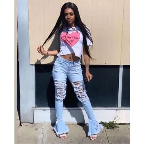 OMILKA Tassel Ripped Flare Jeans 2020 Summer Woman High Waist Stretchy Denim Blue Pants Trousers Pencil Skinny Hole Jeans