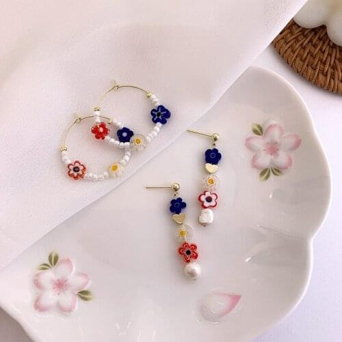 Origin Summer Korean Multicolor Flower Long Tassel Dangle Earring for Women Freshwater Pearl Circle Beaded Earring Jewellery
