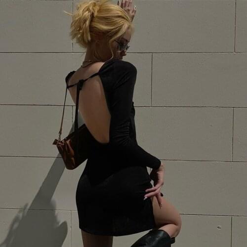 Black Velour Dress Women Backless Lace up Split Bodycon Mini Party Dresses Sexy Club Outfits Autumn Long Sleeve Vestidos