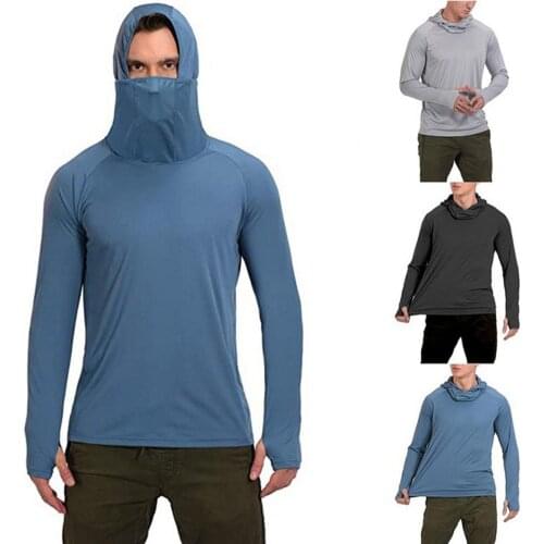 Fishing Shirt Solid Color Hooded Men Thin Lightweight Stretchy Thumb Hole Top for Outdoor Hiking Climbing Cycling