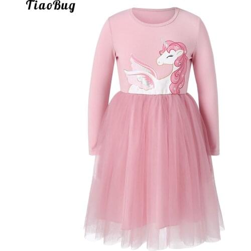 TiaoBug Kids Girls Spring Summer Cartoon Pink Dress Clothing Long Sleeve Round Neckline Cute Mesh Tutu Dress