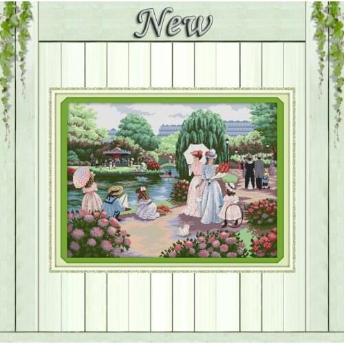 The Women Outing Beautiful backyard garden,11CT printed on canvas DMC 14CT Cross Stitch kit,needlework embroider Sets,Home Decor