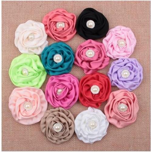 YH498 Baby Girl Hair Flowers Matte Satin Rolled Flower Pearl Rhinestone Center Rose Flower Headband 7-7.5cm