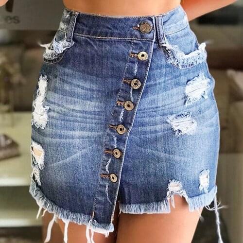SOUGEN Summer Womens Fashion Ripped Tight Button Body Bag Hip Skirt Denim Skirt Empire Pencil Solid Above Knee, Mini Commute