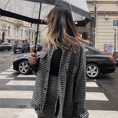 Nice Casual Woman Loose Houndstooth Tassel Shirt Coat New Chic Vogue Ladies Oversized Plaid Jacket Female Streetwear Outwear