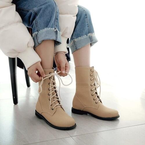 YMECHIC 2018 Ladies Cross Tie Lace Up Street Punk Rock Block Low Heel Ankle Boots Women Military Combat Boots Plus Size Shoes