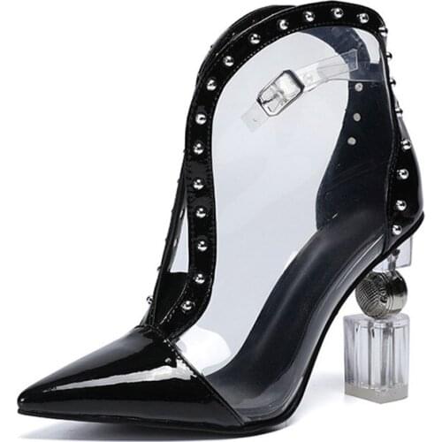 Boots Women Shoes High Heels Sandals Fashion Transparent PVC Ankle Boots Thick Strange Heels Black Rivets Ladies Shoes Plus Size