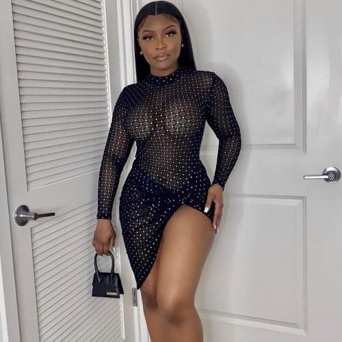 Lady Hollow Out Dress Women Slim Mesh High Split Dress Silver Glitter Plaid Print Long Sleeve O-Neck Party Dress