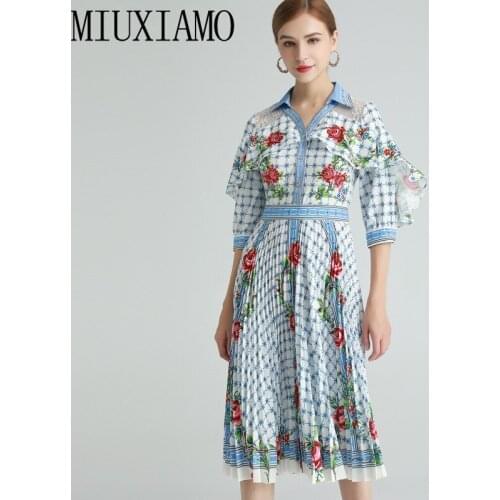 MIUXIMAO 2021 Spring Summer Diamonds Flower Print Lace Fold Half Sleeve Holiday Slim Elegant Midi Dress Women Vestidos
