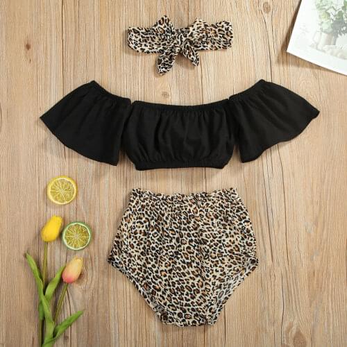 Pudcoco Newborn Baby Girl Clothes Solid Color Off Shoulder Crop Tops Leopard Print Short Pants Headband 3Pcs Outfits Cotton Set