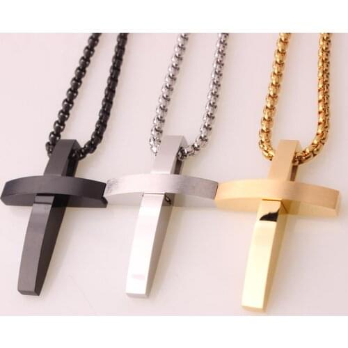 Simple Design Stainless Steel Polished Christian Cross Mens Boys Hot Jewelry Pendant Necklace With Free Box Link Chain 24inch