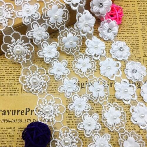 1 Yard Organza Flowers Pearls Trim Lace Applique Trimmings Ribbon Beaded White Vintage Sewing Craft For Clothing Wedding Dress