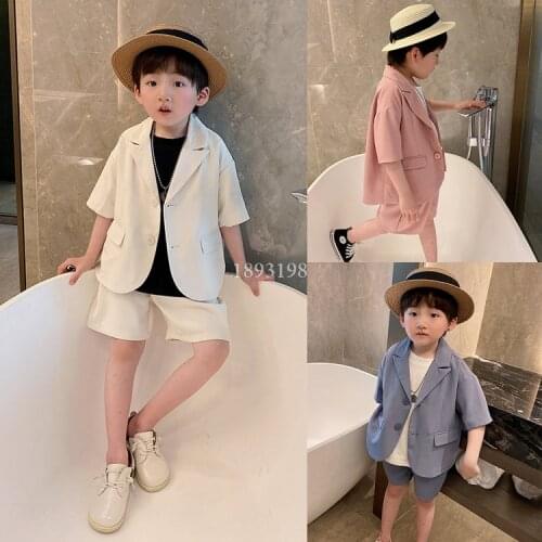Childrens Summer Short Sleeve Suits Set 2021 Boys Girls Korean Blazer Shorts 2pcs Clothing Set Kids Performance Party Costume