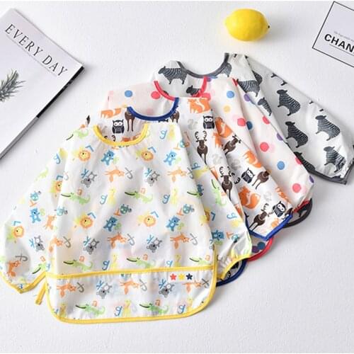 Baby Kids Toddler Long Sleeve Waterproof Art Smock Feeding Bib Cute Cartoon Dinosaur Burp Cloths Apron Pocket