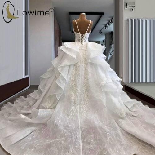 Dubai Illusion Ivory Lace Wedding Dresses Spaghetti Straps Ball Gown Beading Ruffles Bridal Gowns with Long Train