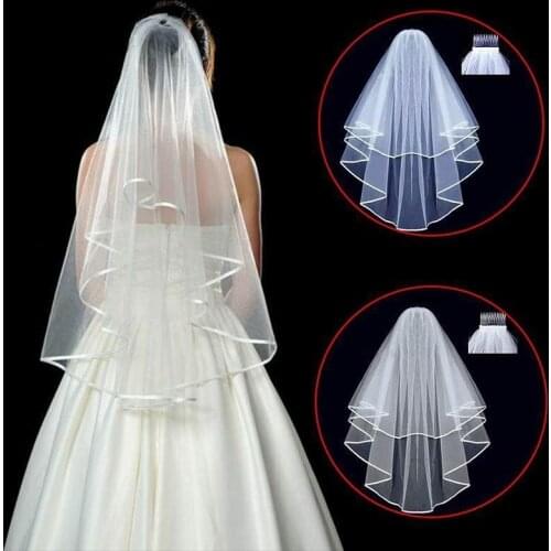 Two Layer 2T Tulle White Ivory With Comb Bridal Veil Ribbon Edge Wedding Veils 2022