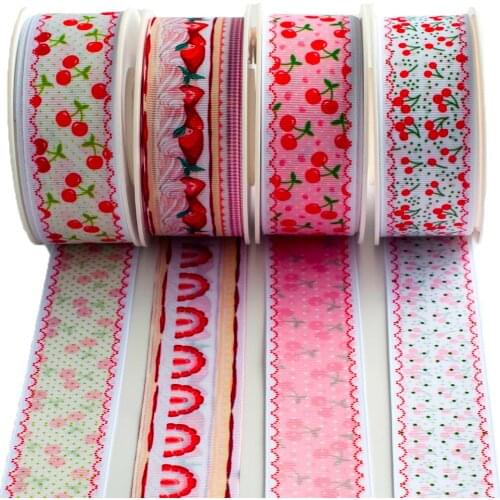Strawberry With Check Printed Double Side Grosgrain Ribbon 10 Yards for DIY Hair Bow Metarials