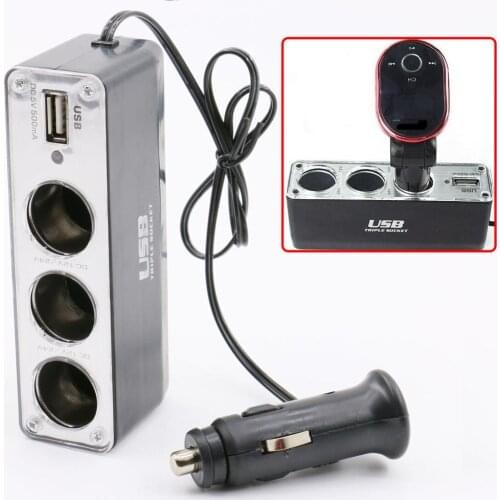EIDRAN 3 Way DC 12V/24V Multi Socket Car Cigarette Lighter Splitter USB Plug Charger