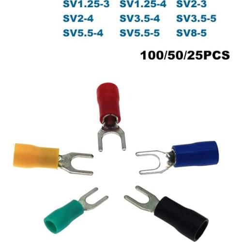 100/50/25 Pcs Spade Insulated Crimp Terminals SV1.25~SV8 Electrical Lug Wire Connector Furcate Cable Ferrules 0.5-10mm2 22-8AWG