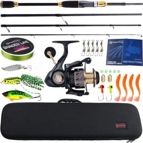 Sougayilang Fishing Rod and Reel Combo 4 Sections Carbon Fiber Spinning Fishing Pole 13+1BB Reel Carrier Bag Lure Line Set Pesca