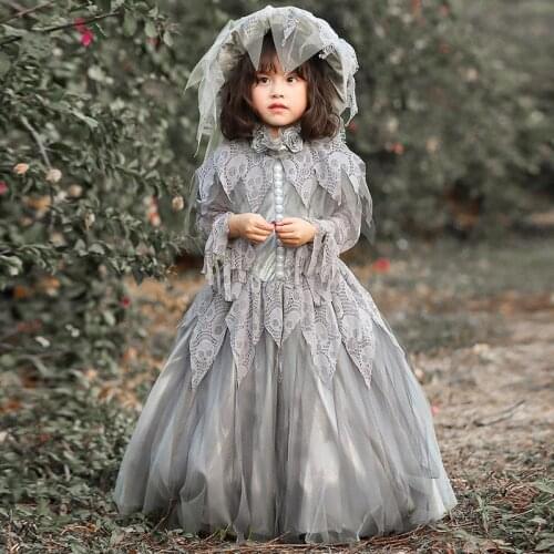 Halloween Cosplay Costume Kid Wedding Dresses Skeleton Lace Mesh Flore Length Dress Ghost Bride Dresses Headwear 2pcs Set