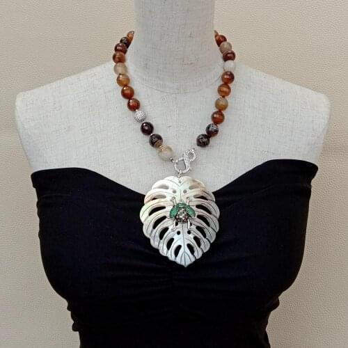 YYGEM Big Black Shell Carved Leaf Pendant Cz Pave Insect 19" Faceted Round Brown Faceted Agate Necklace