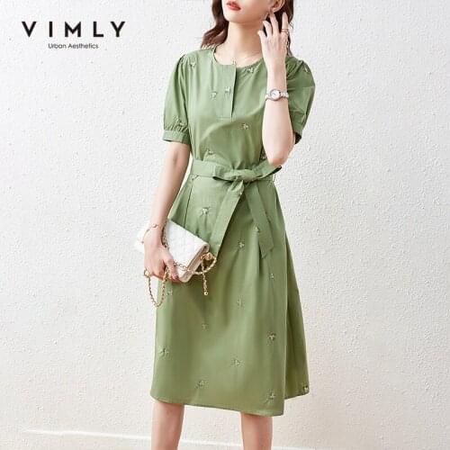 VIMLY Summer Green Dresses For Women 2021 Fashion Round Neck Embroidery Maxi Dress Vintage Dresses Female Vestidos F7251