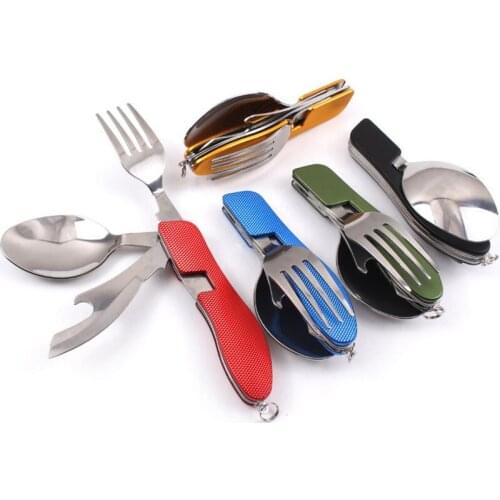 Multi-function Outdoor Camping Picnic Tableware Stainless Steel 4 in 1 Folding Spoon Fork Knife&Bottle Opener set cookware set