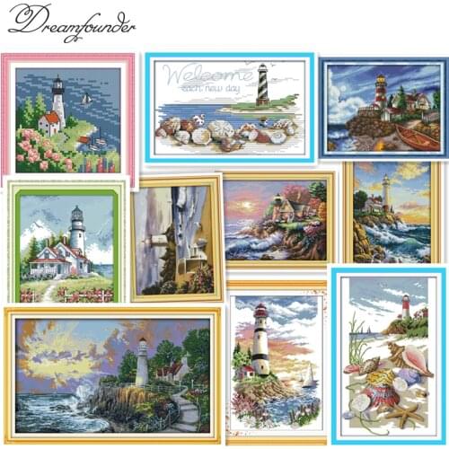 Lighthouse (4) cross stitch kit sea side 14ct count printed canvas 11ct fabric x stitching embroidery DIY handmade needlework