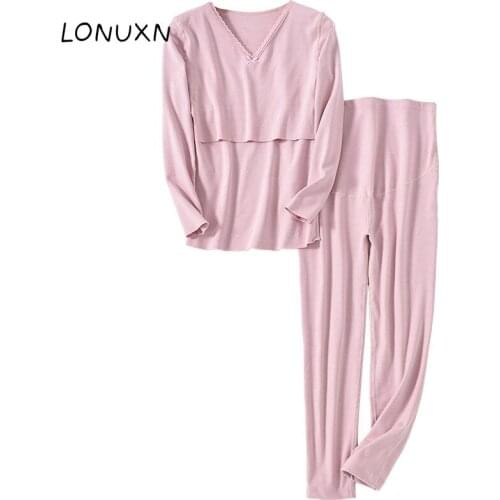 Germany Dralon Heating Thermal Underwear Cashmere Touch Pregnancy Maternity Pregnant Nightgown Breastfeeding Pajama Sets Winter