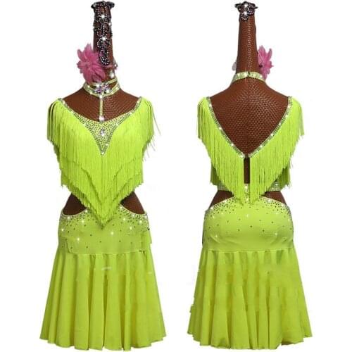New Green Tassel Latin Dance Dress Women Competition Performance Clothing High-end Fluorescent Green Fringed Skirt Costumes