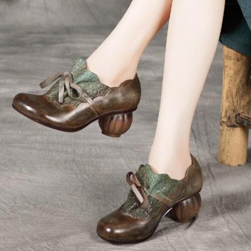 Girls Retro High Heels Pumps Vintage Round Toe Genuine Leather Women Shoes 2021 New Spring Shallow Casual Handmade Ladies Shoes