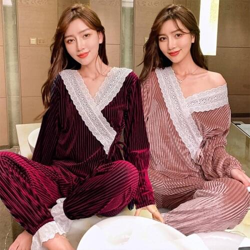 2021 Winter Long Sleeve Thick Warm Gold Velvet Kimono Pajama Sets for Women Sleepwear Pyjamas Homewear Pijama Mujer Home Clothes