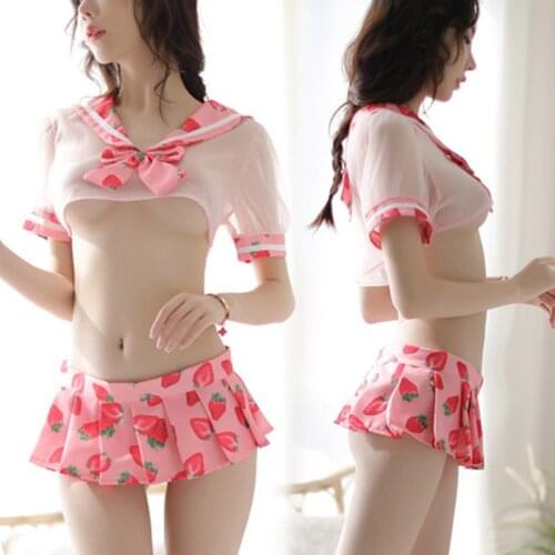 Hot Women Nightdress Nightwear Seductive Sleepwear Strawberry Printed Mini Tops Skirt Cosplay Uniform Sweet and Lovely s