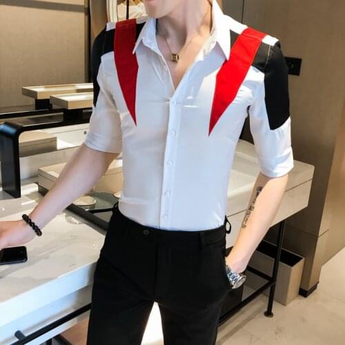 Fashion 2021 Summer Half Sleeve Men Shirt Patchwork Color Slim Fit Mens Casual Shirts Streetwear Slim Fit Tuxedo Dress Men 3XL-M