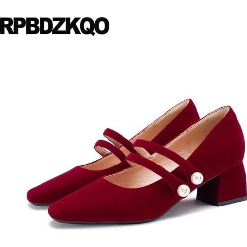 Strap Bridesmaid Wine Red Thick Wedding Square Toe Women High Heels Pearl Medium Girls Party Shoes Pumps Female Velvet Mary Jane