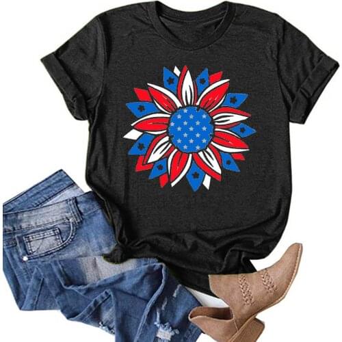 Women Casual Short Sleeve Round Neck Sunflower Printing T-Shirt Solid Color Blouse Top Daily All-match Lovely Girls T-shirt
