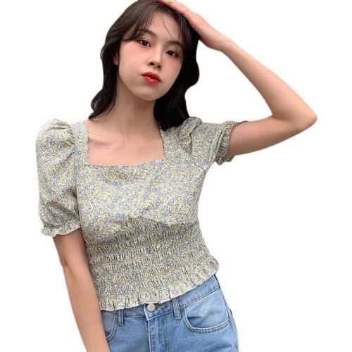Womens Floral Print Square Collar Blouse Summer Puff Sleeve Sweet Chiffon Short Sleeve Shirts Tops 2021