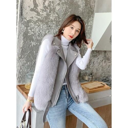 Real genuine natural fox Fur vest with sheep skin collar Womens fashion Winter Warm whole skin Gilet Jacket