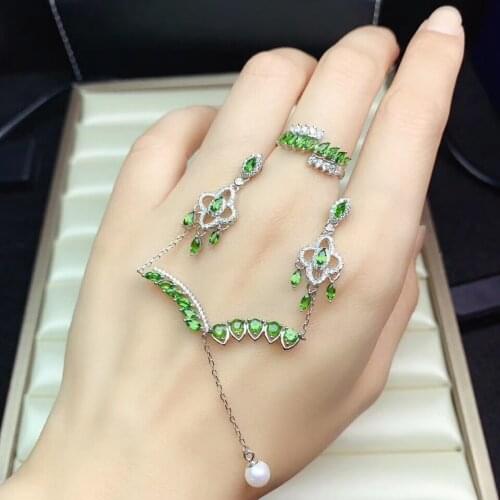 Luxurious Leaf Tassels Natural green diopside jewelry sets natural gemstone ring Pendant Earrings 925 silver women party jewelry