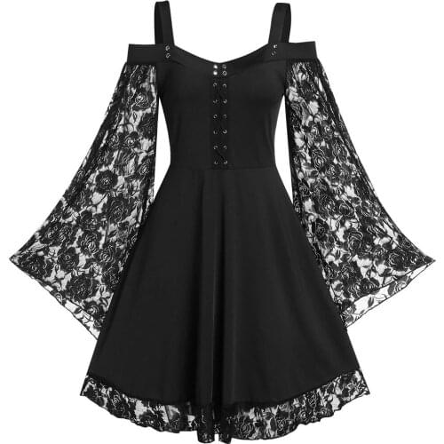 Plus Size Gothic Women Dress Flare Sleeve Cross Corn Cold Shoulder Fashion Lace Up Patchwork Sling Dress Ladies Casual Dress
