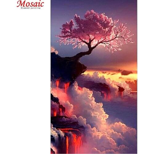 5D square round DIY Diamond Painting Sunset tree Embroidery Cross Stitch Rhinestone Mosaic Japanese cherry blossom view Decor