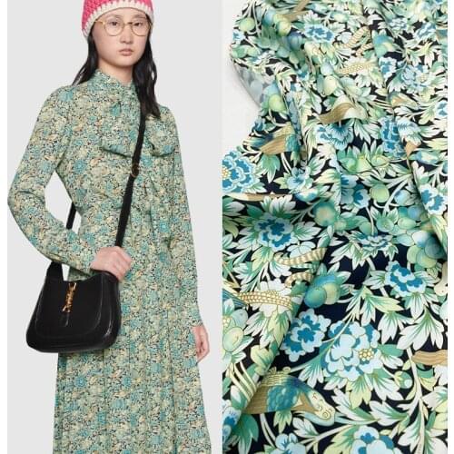 2021 spring and summer European show retro green flower and bird pattern satin fabric fashion DIY sewing fabric factory shop