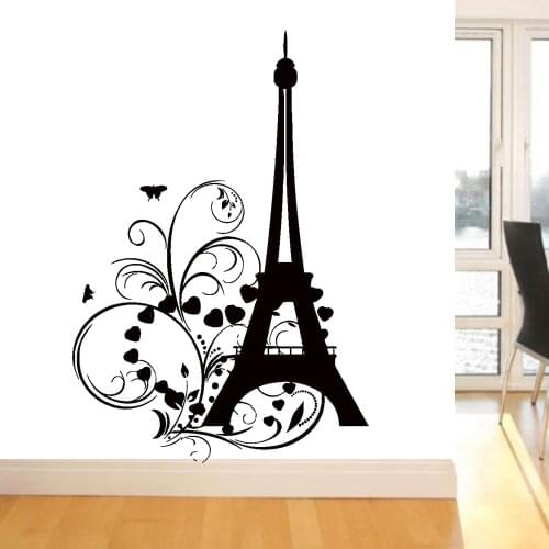 Tower Wall Sticker Nursery Children Bedroom Paris Hearts Butterfly Vinyl Wall Decals Romantic Decor Living Room Background Z405