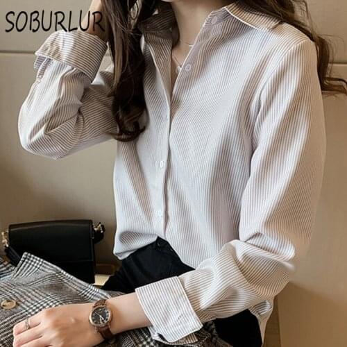Striped Blouse Women Summer Office Lady Shirts Cotton Loose Long Sleeve Polo-neck Fashion Blouses Patchwork Plus Size Tops