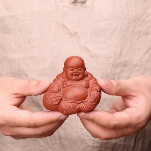 PINNY Purple Clay Laughing Buddha Handmade Sculpture Zisha Maitreya Tea Pet Decoration Home Decoration Accessories Monk Figurine