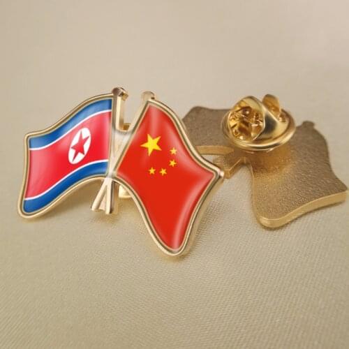 China and North Korea Crossed Double Friendship Flags Lapel Pins Brooch Badges