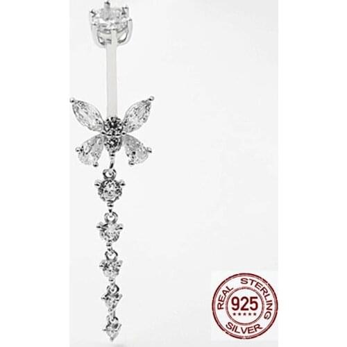 925 Sterling silver Butterfly belly button ring navel piercing jewelry women crystal tassel body bar jewelry hyperallergenic