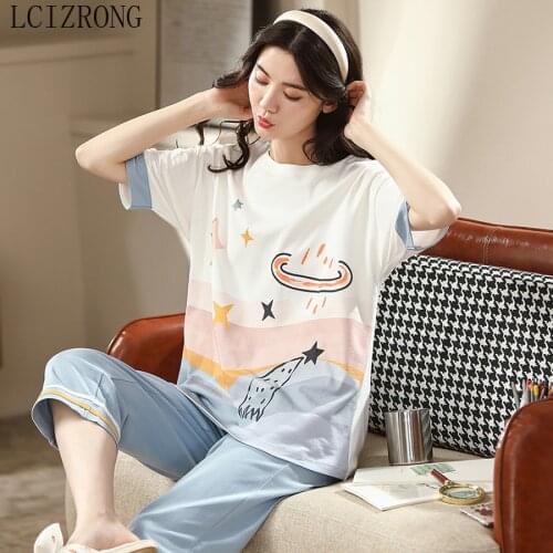New Summer 2 Pcs Pants + Short Sleeve Tops Pajamas Sets Women Cotton Sleepwear M-3XL Large 2021 Cartoon Female Nightwear
